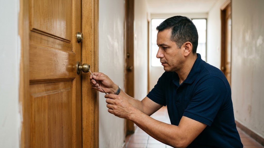 Cerrajero trabajando en la cerradura de la puerta de un apartamento