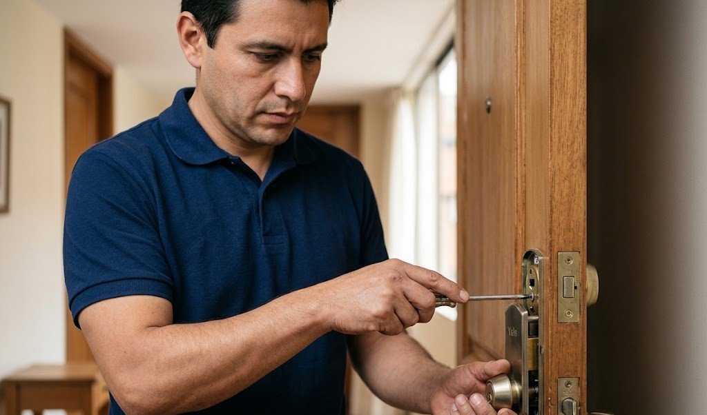 Cerrajero revisando con un destornillador la cerradura de una puerta de madera